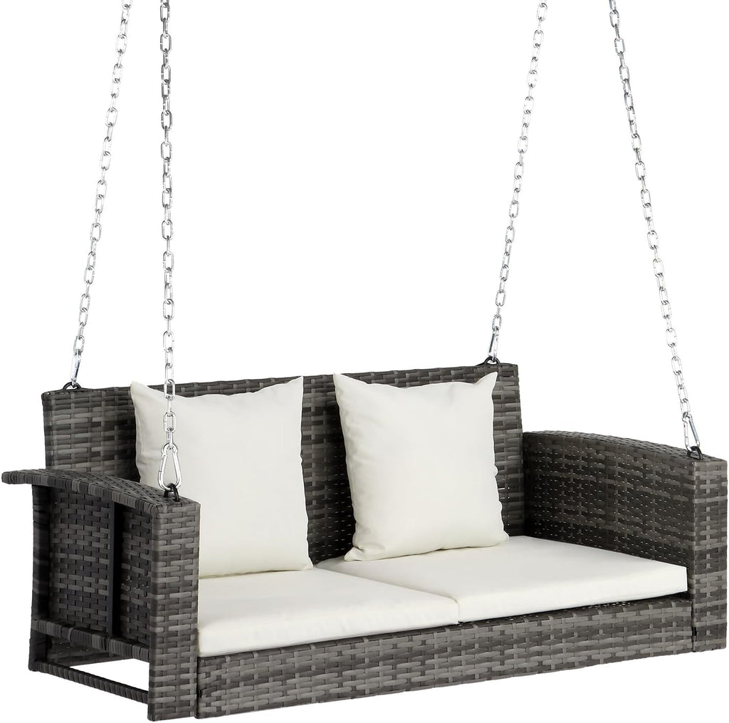 VINGLI Heavy Duty 800 LBS Wicker Hanging Porch Swing with Cushions & Chains, 4FT Outdoor Rattan Swing Bench for Garden, Yard, Lawn (Grey+White)