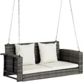 VINGLI Heavy Duty 800 LBS Wicker Hanging Porch Swing with Cushions & Chains, 4FT Outdoor Rattan Swing Bench for Garden, Yard, Lawn (Grey+White)