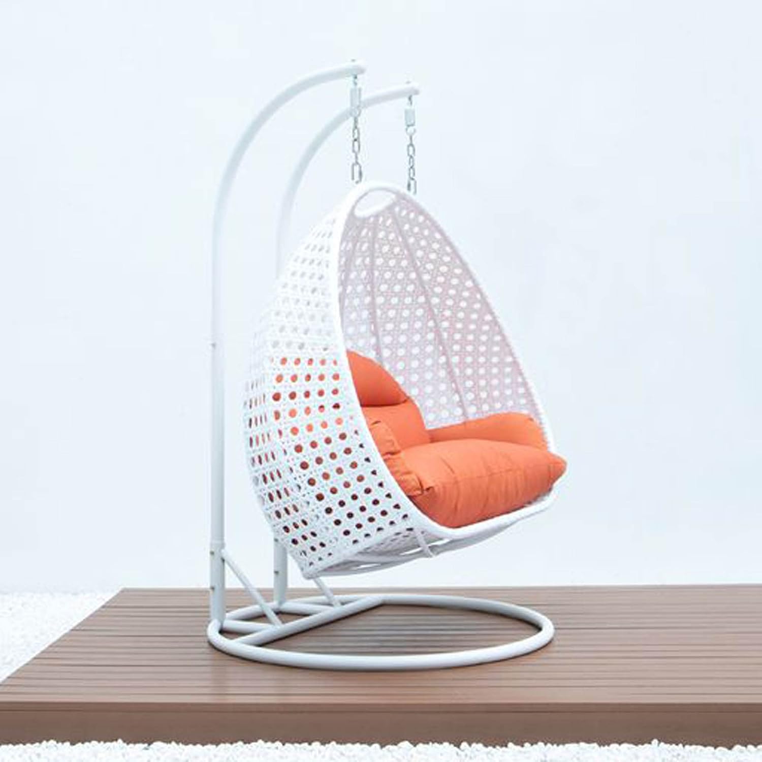 LeisureMod 2 Person Wicker Egg Chair Outdoor Indoor Bedroom Patio Hanging Lounge Swing Hammock Chairs with White Stand and UV Resistant Cushions (Orange)