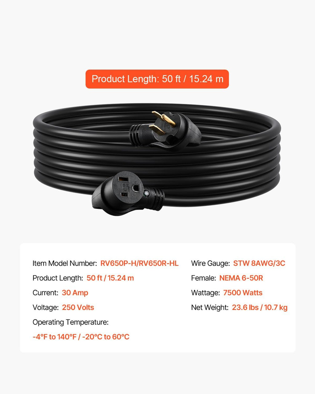 VEVOR 40-Amp Generator Extension Cord 50FT, 8AWG 7500W Heavy Duty Power Cord, NEMA 6-50P to 6-50R STW Welder Cord, ETL Listed for Generator & Welder with Storage Bag