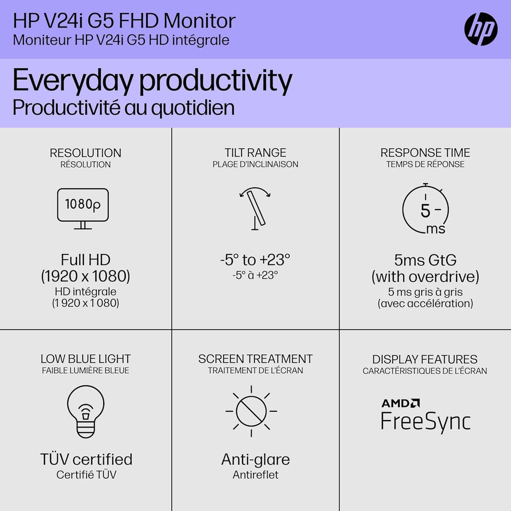 HP V24i G5 24 Inch Computer PC Monitor Full HD IPS 60Hz Refresh Rate 5ms Response Time 250 Nits Brightness AMD FreeSync Anti-Glare Low Blue Light, HDMI DisplayPort, Black (Renewed)