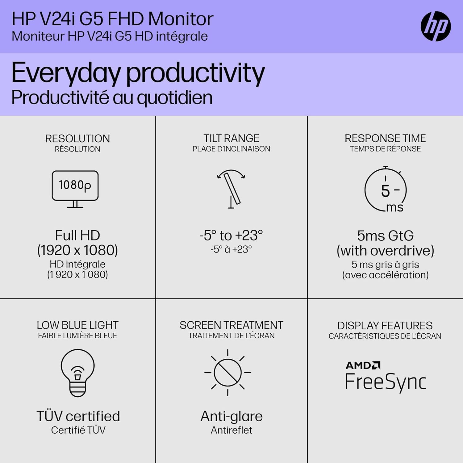 HP V24i G5 24 Inch Computer PC Monitor Full HD IPS 60Hz Refresh Rate 5ms Response Time 250 Nits Brightness AMD FreeSync Anti-Glare Low Blue Light, HDMI DisplayPort, Black (Renewed)