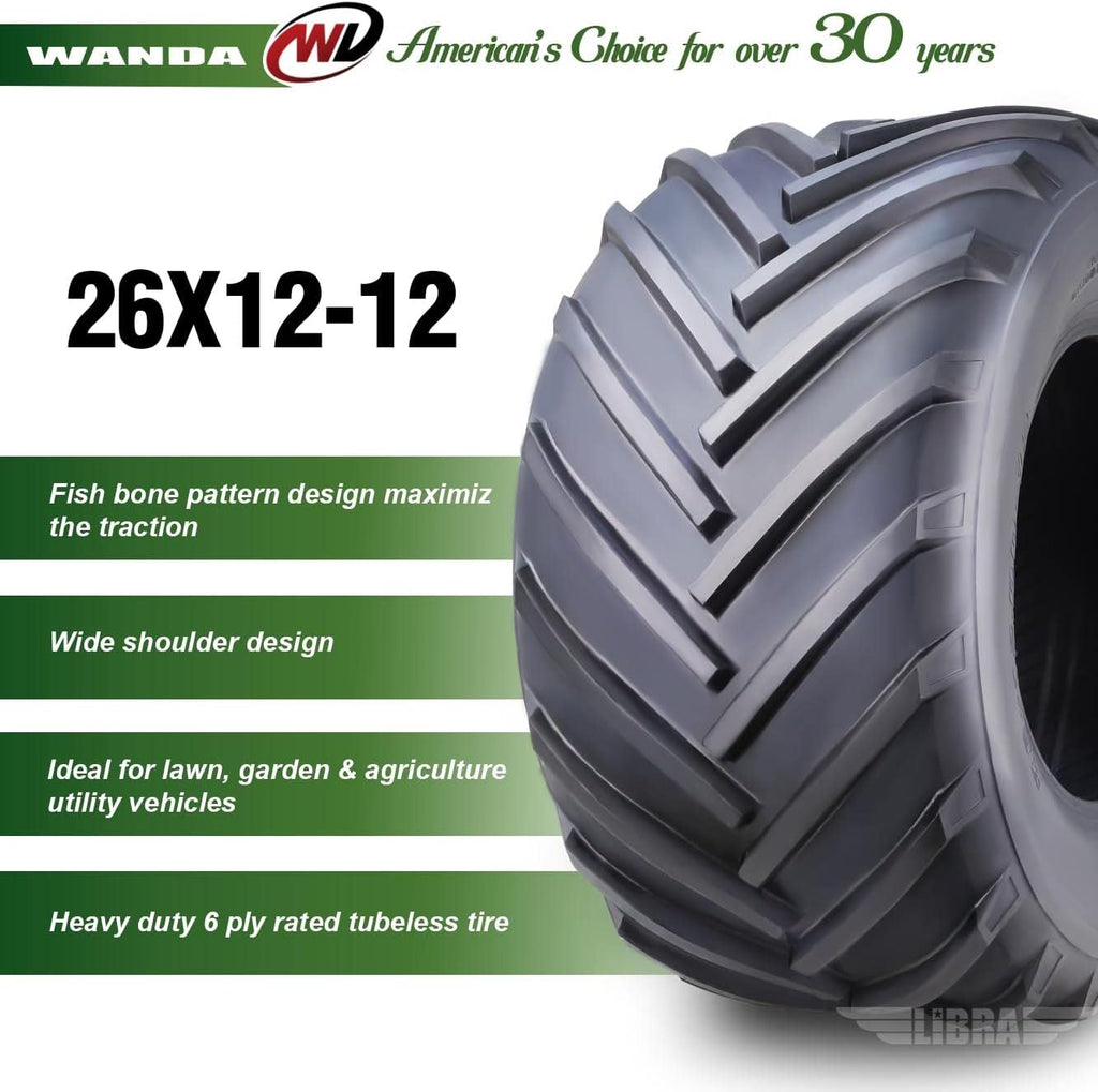 WANDA 26X12-12 Lawn Mower Agriculture Farm Tractor Cart Turf Tires 4 Ply 26x12x12 -Set 2-13215