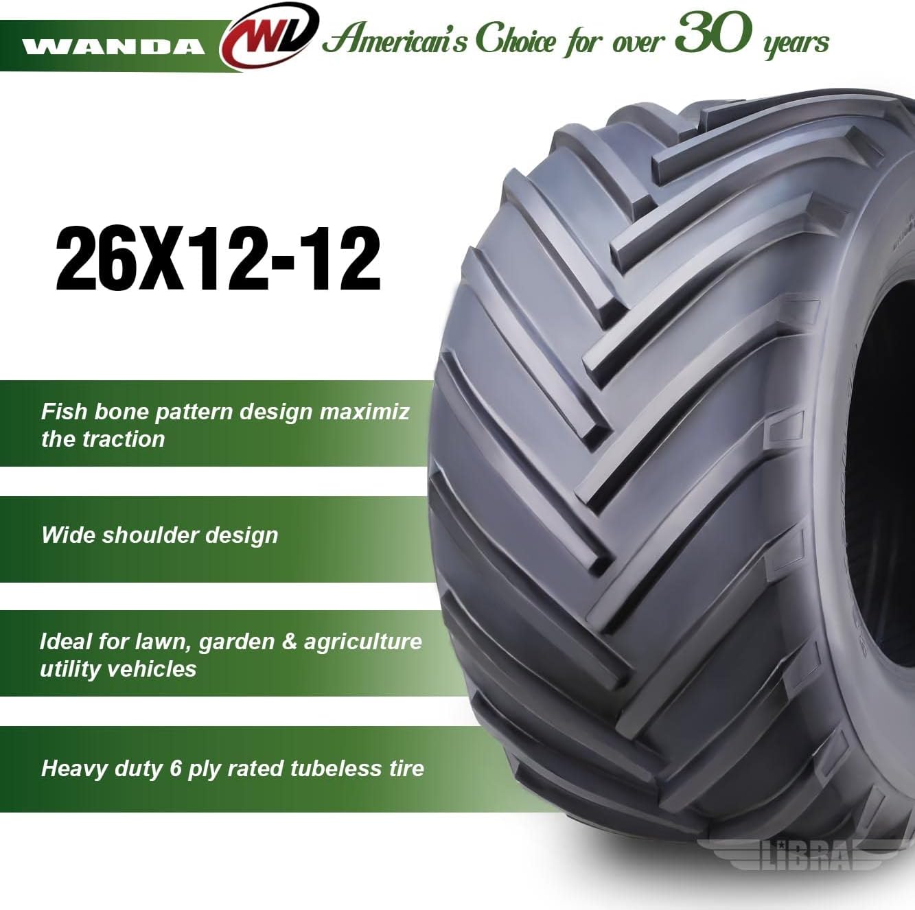 WANDA 26X12-12 Lawn Mower Agriculture Farm Tractor Cart Turf Tires 4 Ply 26x12x12 -Set 2-13215