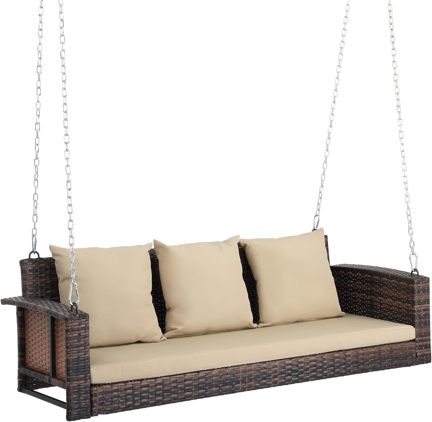 Outvita Porch Swing, 5FT Hanging Outdoor Porch Swings for Adults, Wicker 3 Person Patio Swing, with Cushion, Pillow and Chain for Garden, Backyard, Weight Capacity - 1000lbs