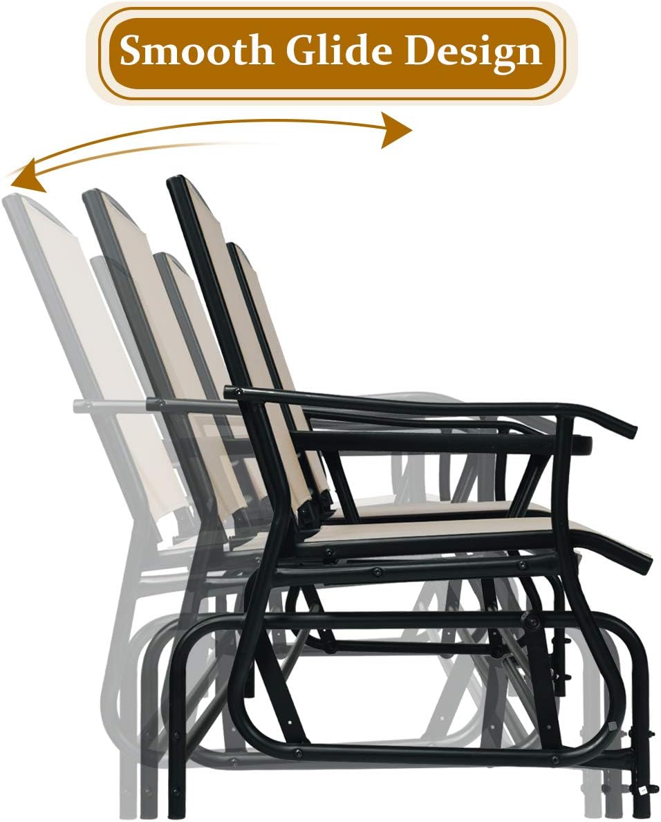 Giantex Patio Bench Glider Chair with Metal Frame, Center Tempered Glass Table, Outside Double Rocking Swing Loveseat for Porch, Garden, Poolside, Balcony, Lawn Rocker Outdoor Glider Bench(Beige)