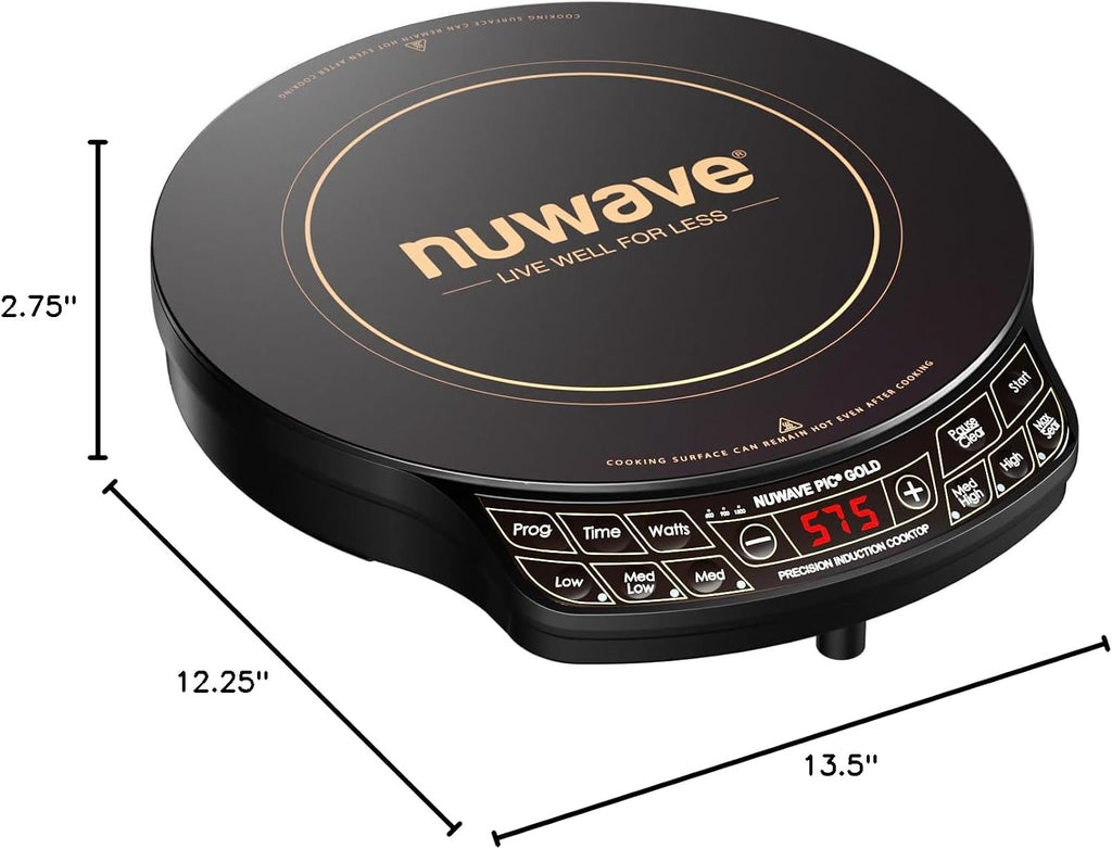 Nuwave Precision Induction Cooktop Gold, 12' Shatter-Resistant Ceramic Glass Surface, Large 8' Heating Coil, Portable, 96 Temp Settings 100°F to 575°F, 3 Wattage Settings 700, 900, and 1500 Watts
