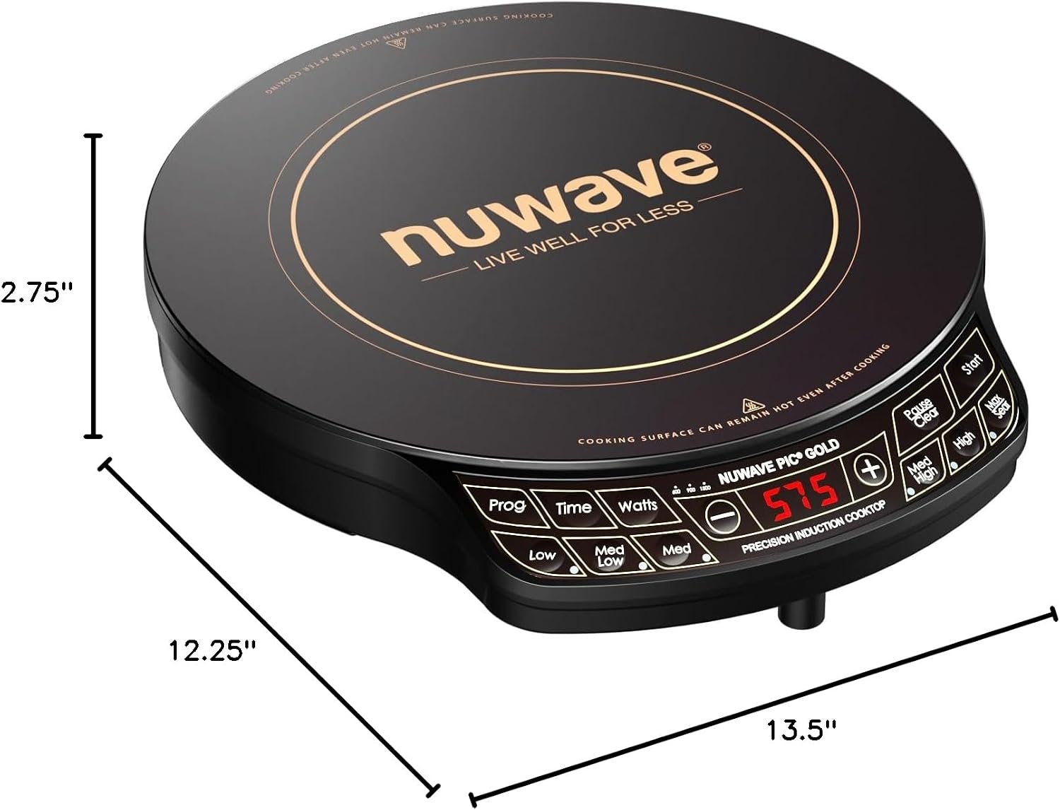 Nuwave Precision Induction Cooktop Gold, 12' Shatter-Resistant Ceramic Glass Surface, Large 8' Heating Coil, Portable, 96 Temp Settings 100°F to 575°F, 3 Wattage Settings 700, 900, and 1500 Watts