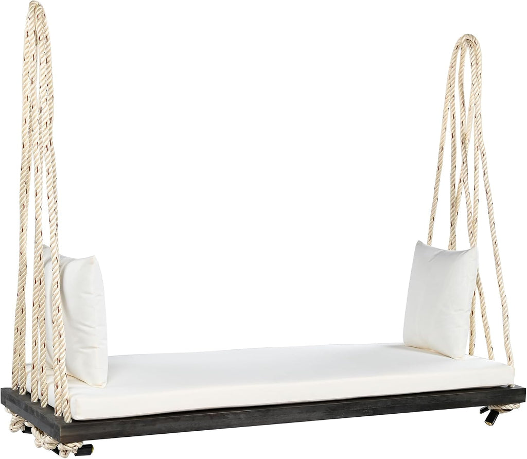 YOPTO Acacia Wood Porch Swing Bench with Cushion & Pillows, 63' Outdoor Hanging Bench for 2 Adults, Rustic Heavy Duty 10.8ft Ropes Swing Daybed for Patio Backyard Garden, White