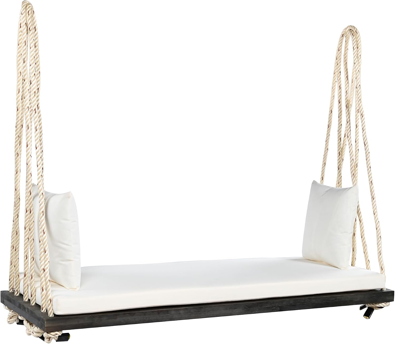 YOPTO Acacia Wood Porch Swing Bench with Cushion & Pillows, 63' Outdoor Hanging Bench for 2 Adults, Rustic Heavy Duty 10.8ft Ropes Swing Daybed for Patio Backyard Garden, White
