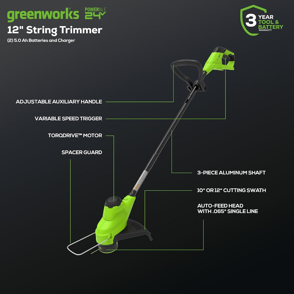 Greenworks 48V (24V x 2) 21' Brushless Self-Propelled Mower+12' String Trimmer+320CFM Blower,(2) 5.0Ah Batteries and 4A Dual Port Charger