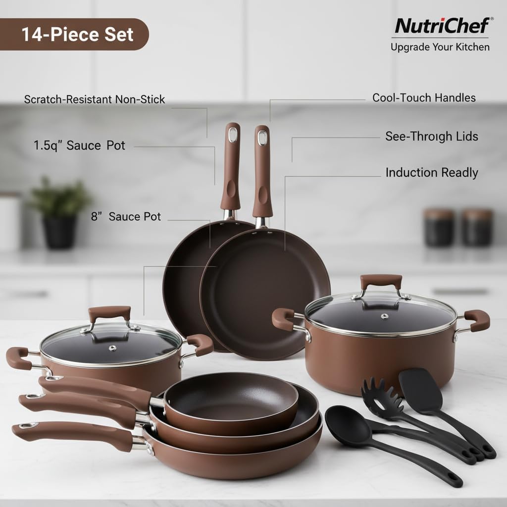 NutriChef 14-Piece Nonstick Brown Cookware Set - Scratch-Resistant Kitchen Pots and Pans with Lids & Utensils, For All Cooktops - NCCW14SBR
