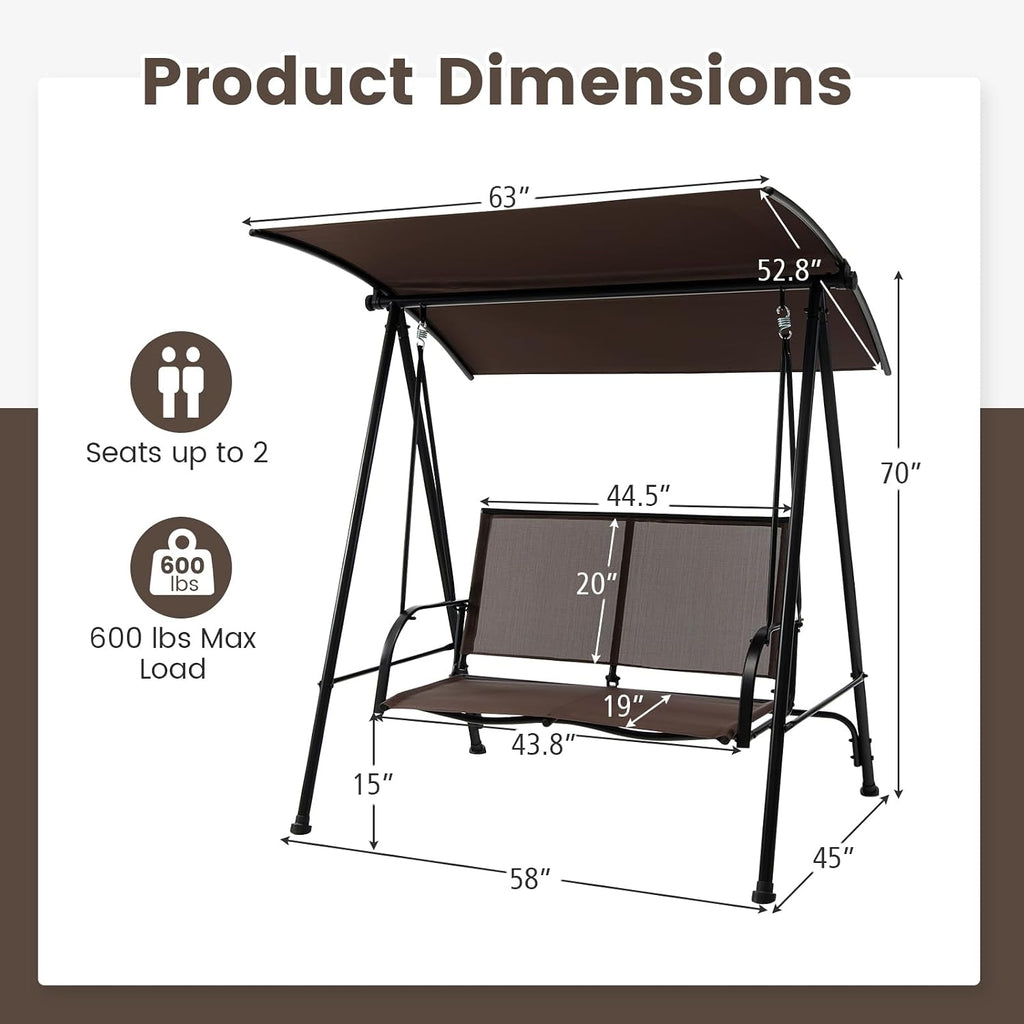 HAPPYGRILL 2-Person Patio Swing with Canopy, Heavy-Duty Metal Frame, Breathable Seat Fabric, Outdoor Loveseat Swing for Backyard, Balcony, Poolside