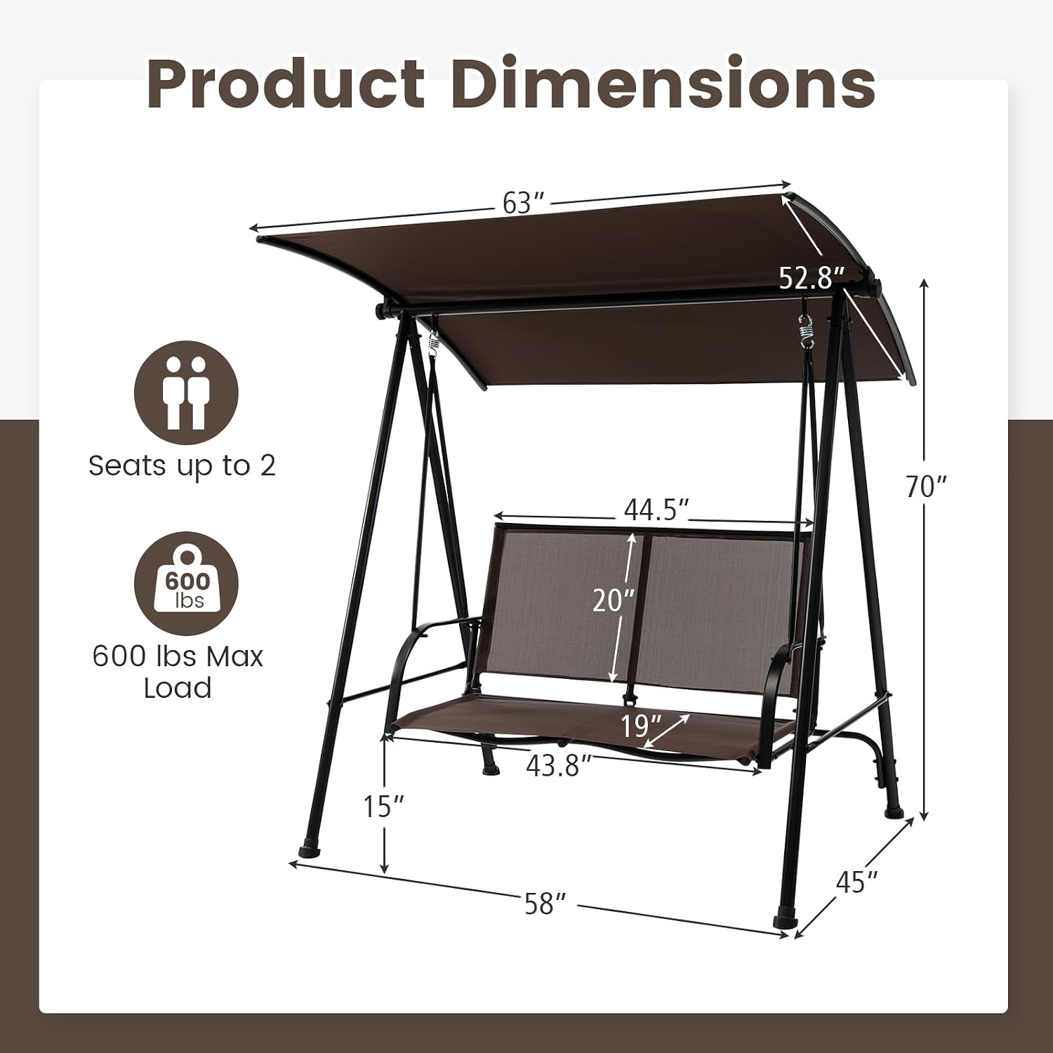 HAPPYGRILL 2-Person Patio Swing with Canopy, Heavy-Duty Metal Frame, Breathable Seat Fabric, Outdoor Loveseat Swing for Backyard, Balcony, Poolside