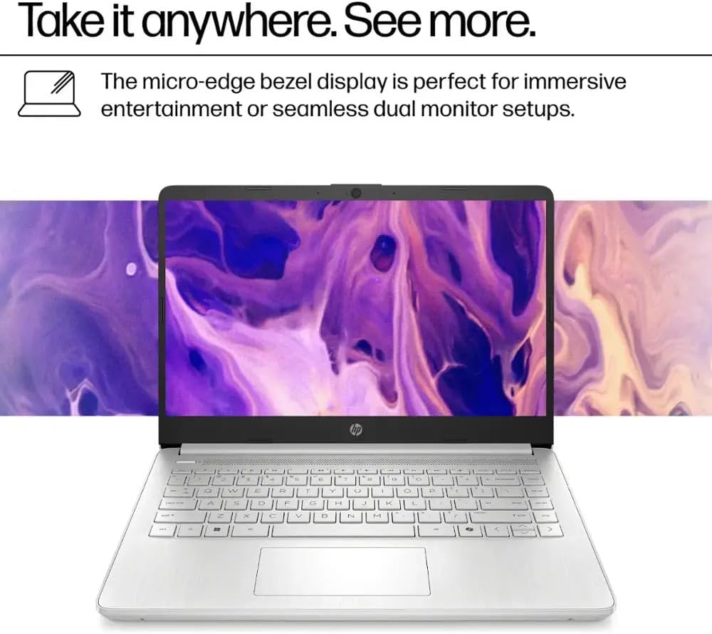 HP Ultra Thin 14' Laptop with Copilot, Intel N150, 16GB RAM, 384GB(128GB eMMC+256GB SD Card) • HUB • Mouse, Windows 11 Pro, 1-Year Office 365, Lightweight Silver Notebook for Work & School