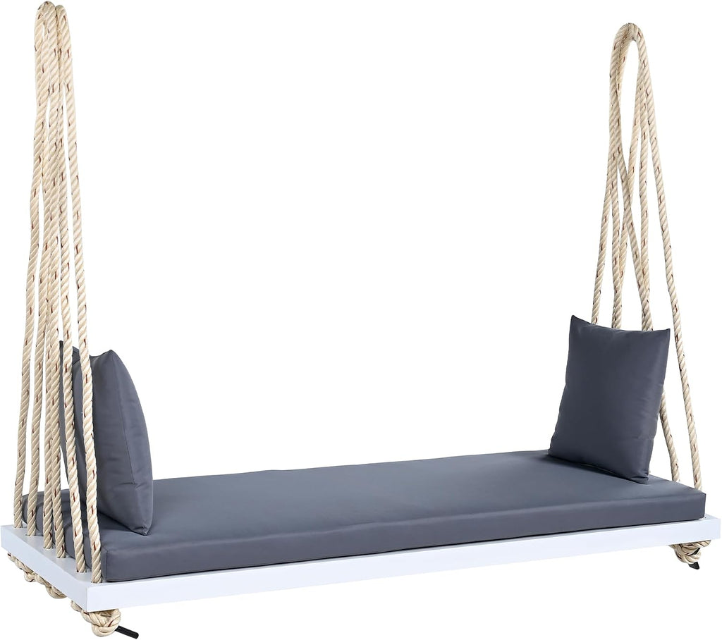 YOPTO Acacia Wood Porch Swing Bench with Cushion & Pillows, 63' Outdoor Hanging Bench for 2 Adults, Rustic Heavy Duty 10.8ft Ropes Swing Daybed for Patio Backyard Garden, White