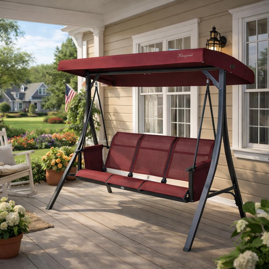 Kozyard Brenda 3-Seat Outdoor Porch Swing Glider, Patio Swing with Adjustable Canopy, Steel Frame, Breathable Textilene Seat & Back, Side Pockets (Burgundy)
