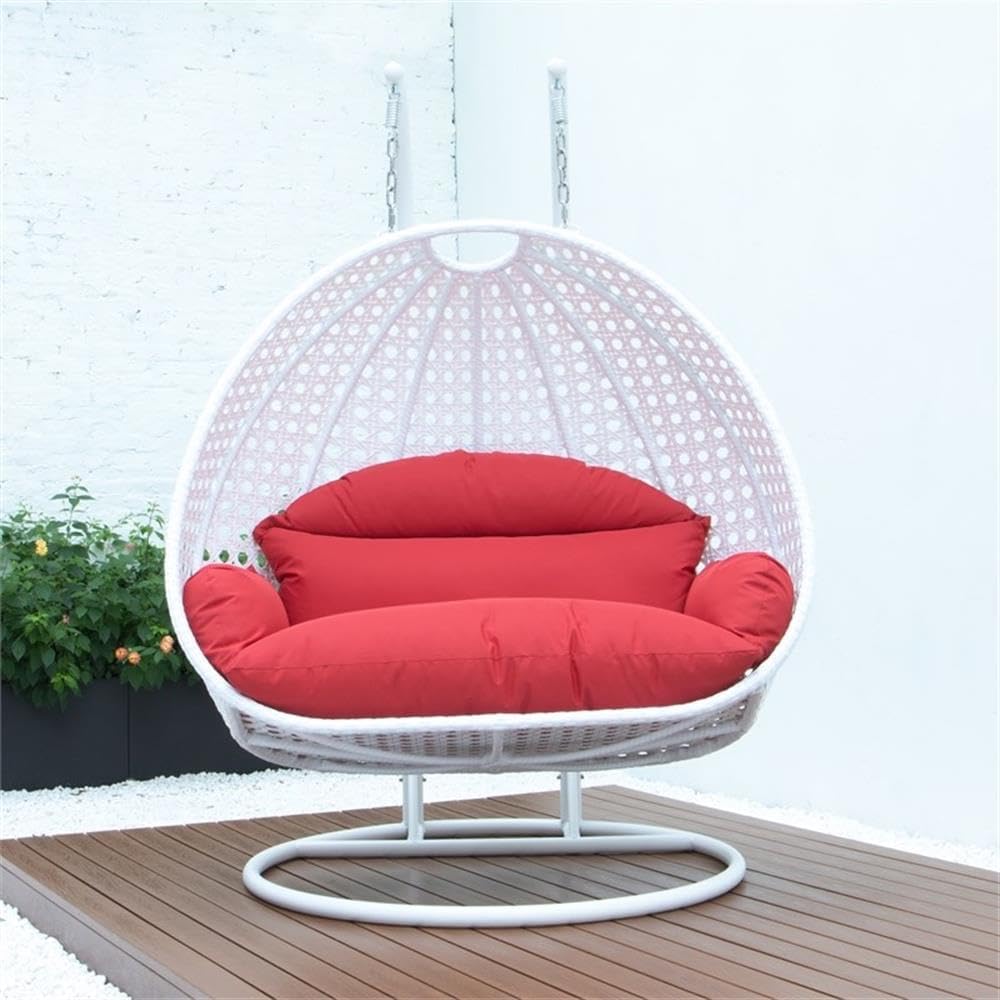 LeisureMod 2 Person Hanging Egg Chair, Indoor Outdoor Patio Lounge Swing with White Stand & UV-Resistant Cushions, Hammock Chair for Bedroom & Garden, Red