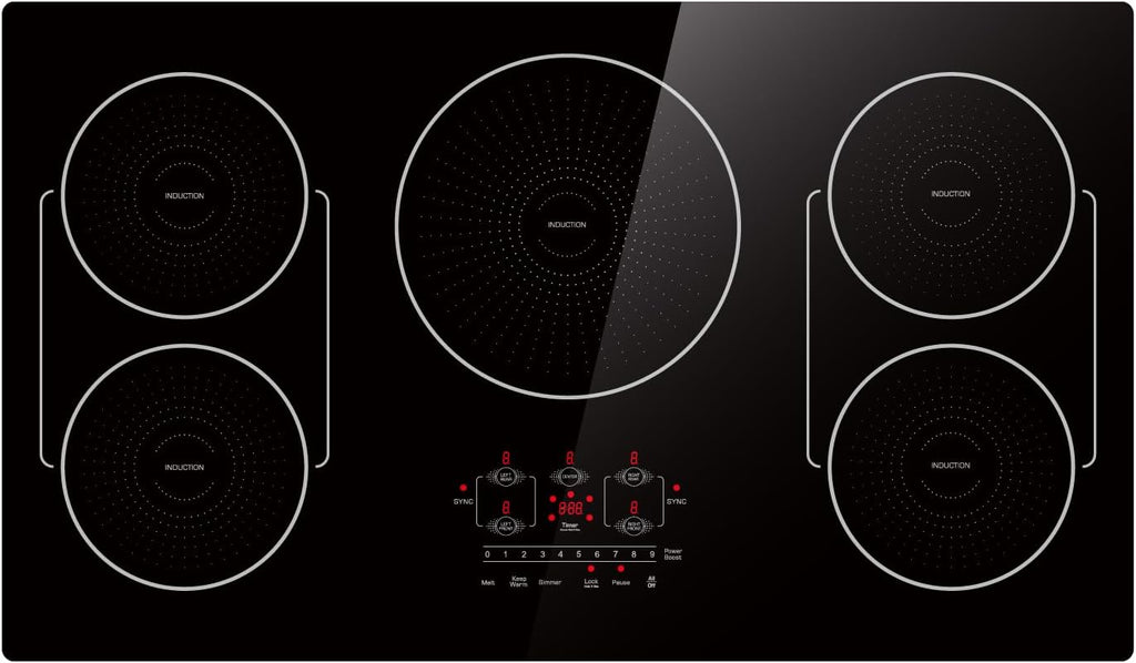 36 Inch Induction Cooktop 5 Burners, Flat Glass Top Electric Stove Hob with Bridge-SYNC, 3 Preset Modes Booster, Timer, Pause, Child Lock, Drop in, 208~240V/50A, Black