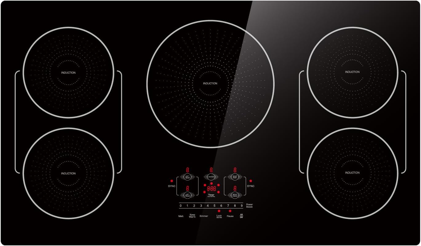 36 Inch Induction Cooktop 5 Burners, Flat Glass Top Electric Stove Hob with Bridge-SYNC, 3 Preset Modes Booster, Timer, Pause, Child Lock, Drop in, 208~240V/50A, Black