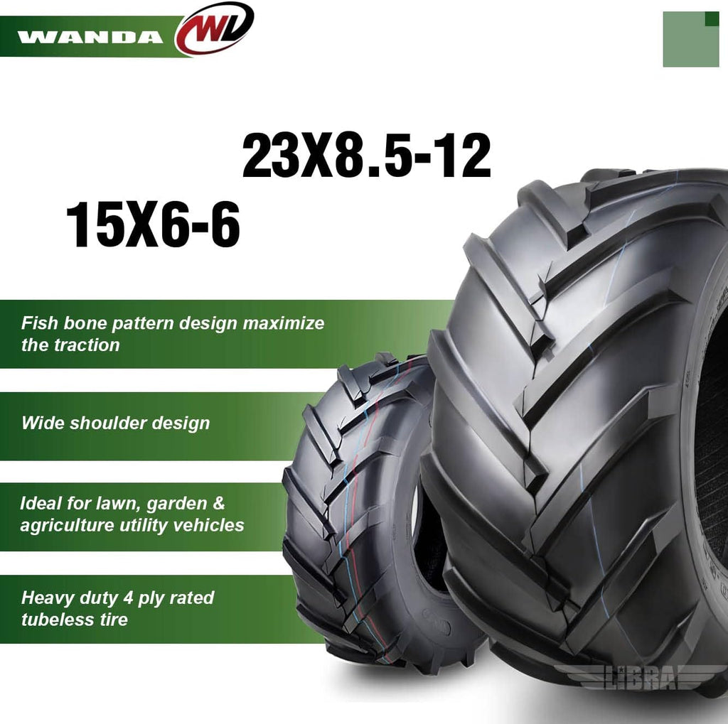WANDA Set 4 15X6-6 & 23X8.5-12 Lawn Mower Agriculture Farm Tractor Tires Super Lug 4 Ply-13078/13073