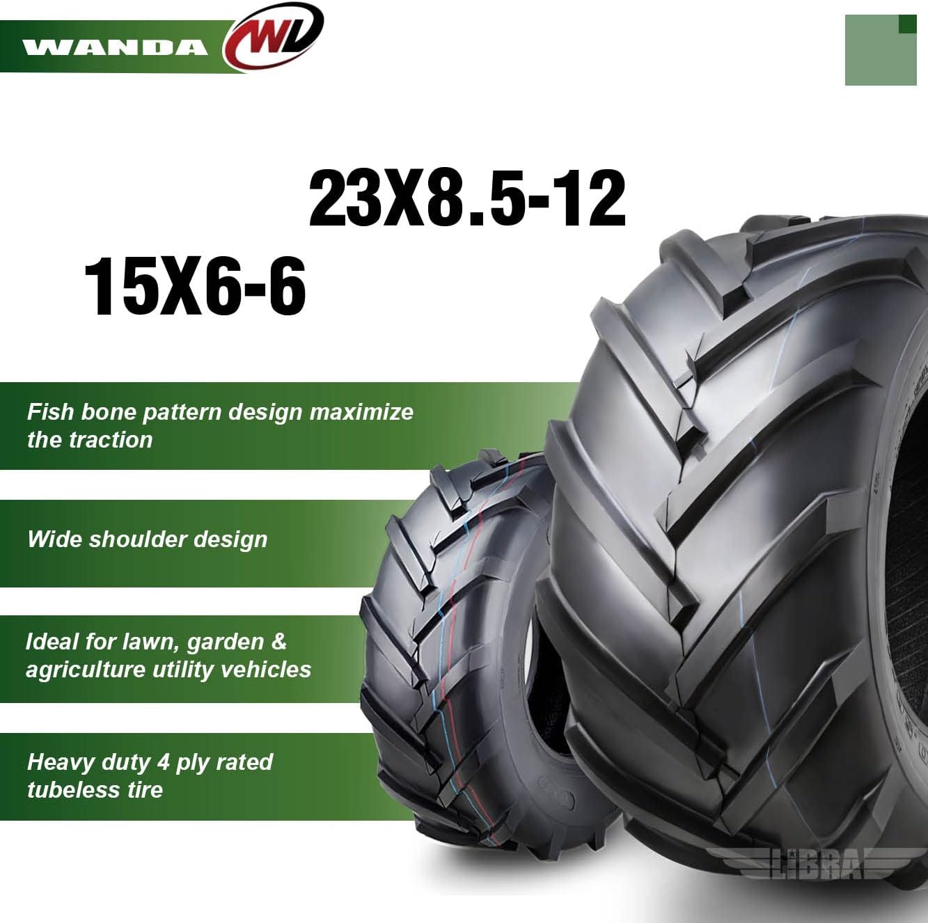 WANDA Set 4 15X6-6 & 23X8.5-12 Lawn Mower Agriculture Farm Tractor Tires Super Lug 4 Ply-13078/13073