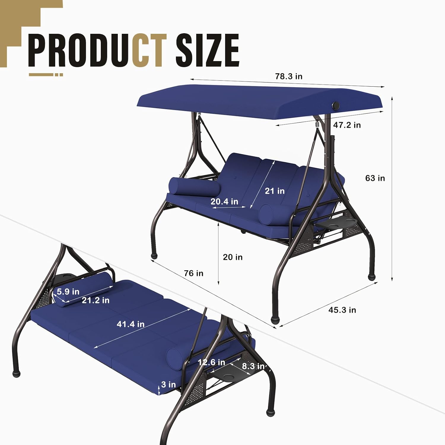 Betterland 3-Seat Patio Swing Chair, Outdoor Porch Swing with Cushions,Pillows & Cup Holders, Adjustable Canopy Outside Bench Swing for Porch，Backyard,Garden(Blue)