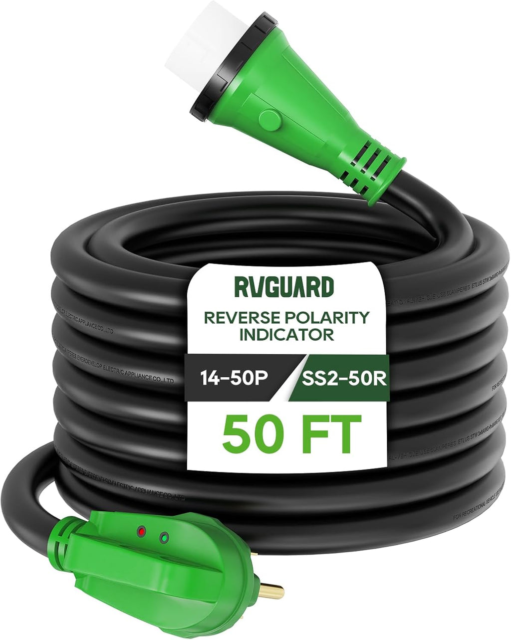 RVGUARD 50 Amp 50 Foot RV Power Cord with Reverse Polarity Indicator, 14-50P to SS2-50R Generator Extension Cord, Heavy Duty STW Cord with LED Power Indicator and Cord Organizer, Green, ETL Listed