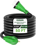 RVGUARD 50 Amp 50 Foot RV Power Cord with Reverse Polarity Indicator, 14-50P to SS2-50R Generator Extension Cord, Heavy Duty STW Cord with LED Power Indicator and Cord Organizer, Green, ETL Listed