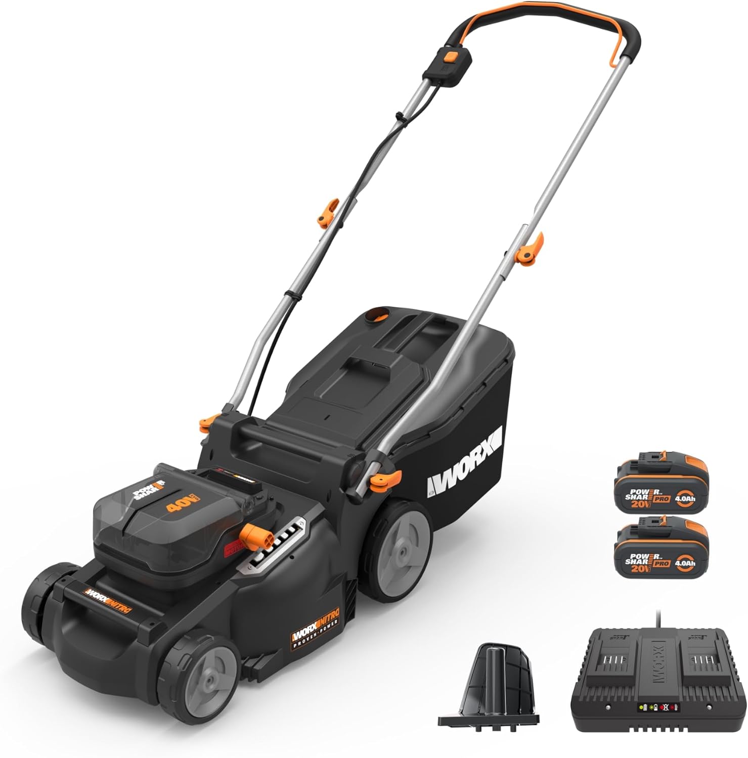 WORX Nitro 16' Cordless Lawn Mower, 2 in 1 Electric Mower with with Brushless Motor, Lightweight Push Lawn Mower for 1/4 Acre, 2 Batteries & Charger Included, WG737