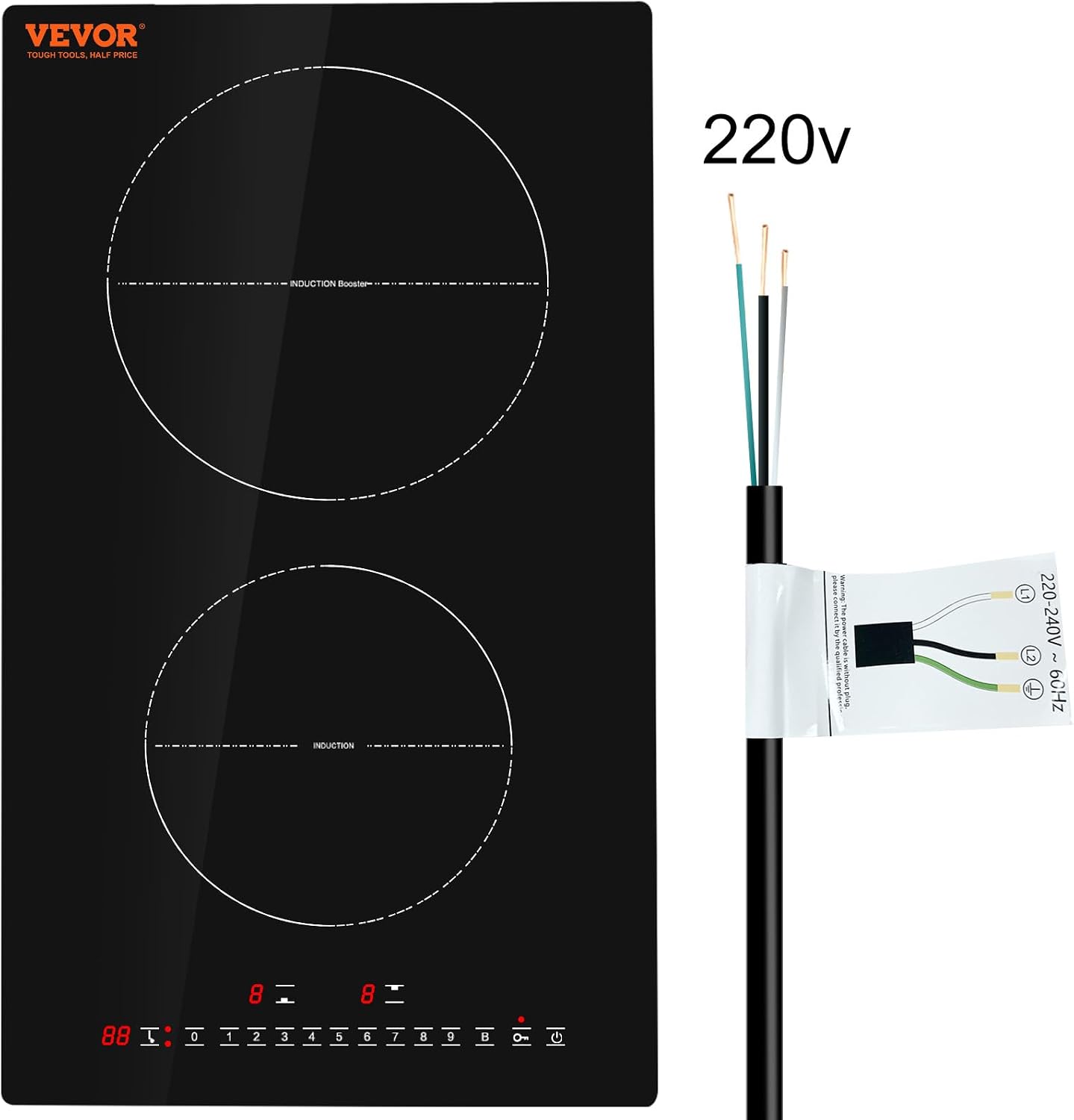 VEVOR Electric Cooktop, 2 Burners, 12'' Induction Stove Top, Built-in Magnetic Cooktop 3000W, 9 Heating Level Multifunctional Burner, LED Touch Screen w/Child Lock & Over-Temperature Protection