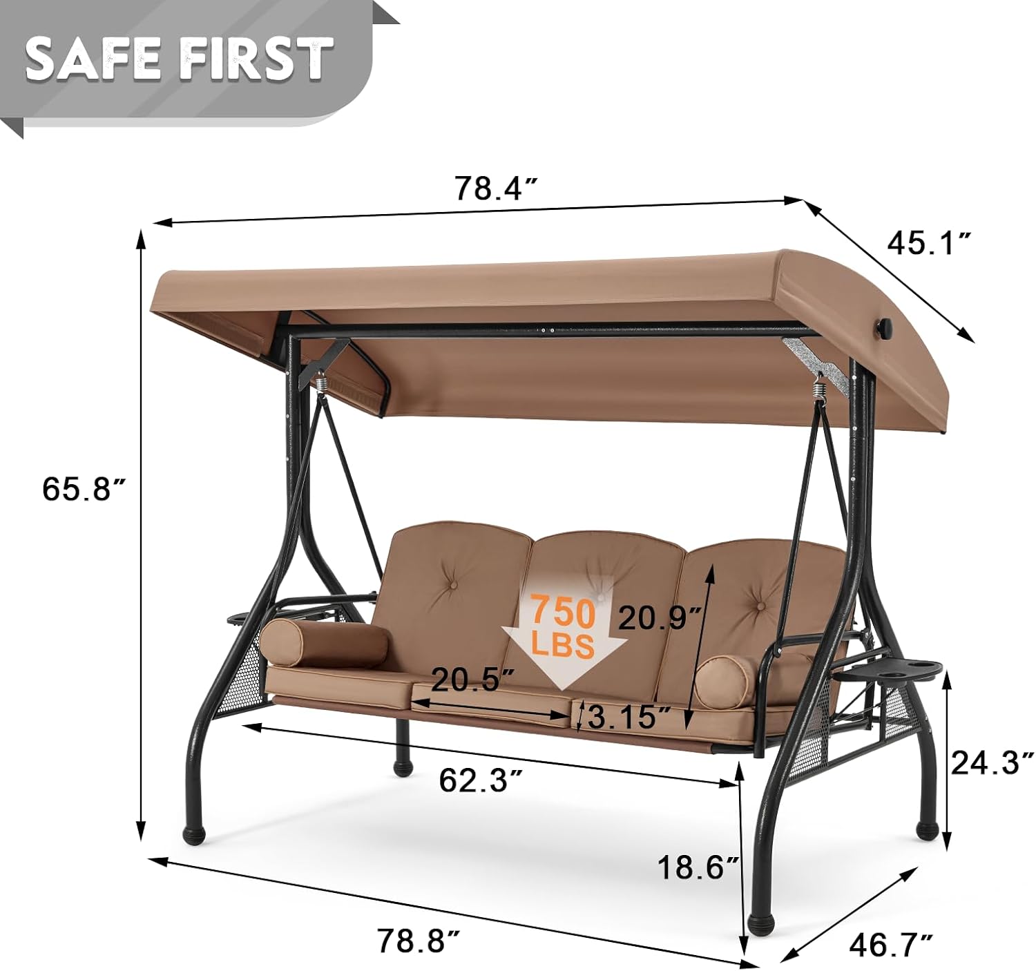 HOMREST 3 Seat Outdoor Porch Swing with Adjustable Canopy, Convertible Patio Swing Bed with Stand, Patio Glider Swing with Upgraded Cup Holder, Thicken Cushions ＆ Pillow for Backyard(Brown)
