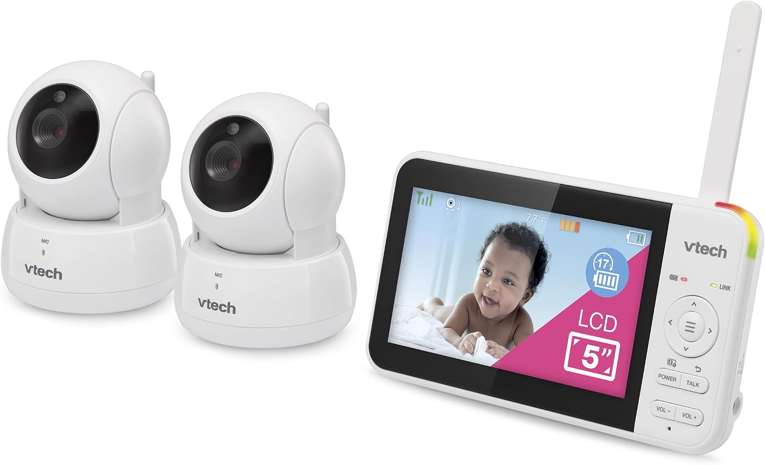VTech VM924-2 5' Pan Tilt Zoom Video Baby Monitor with 2 Cameras – No WiFi, 17Hr Battery, 1000ft Range, Night Vision, Lullabies & Temperature Sensor – Ideal for New Parents & Twins