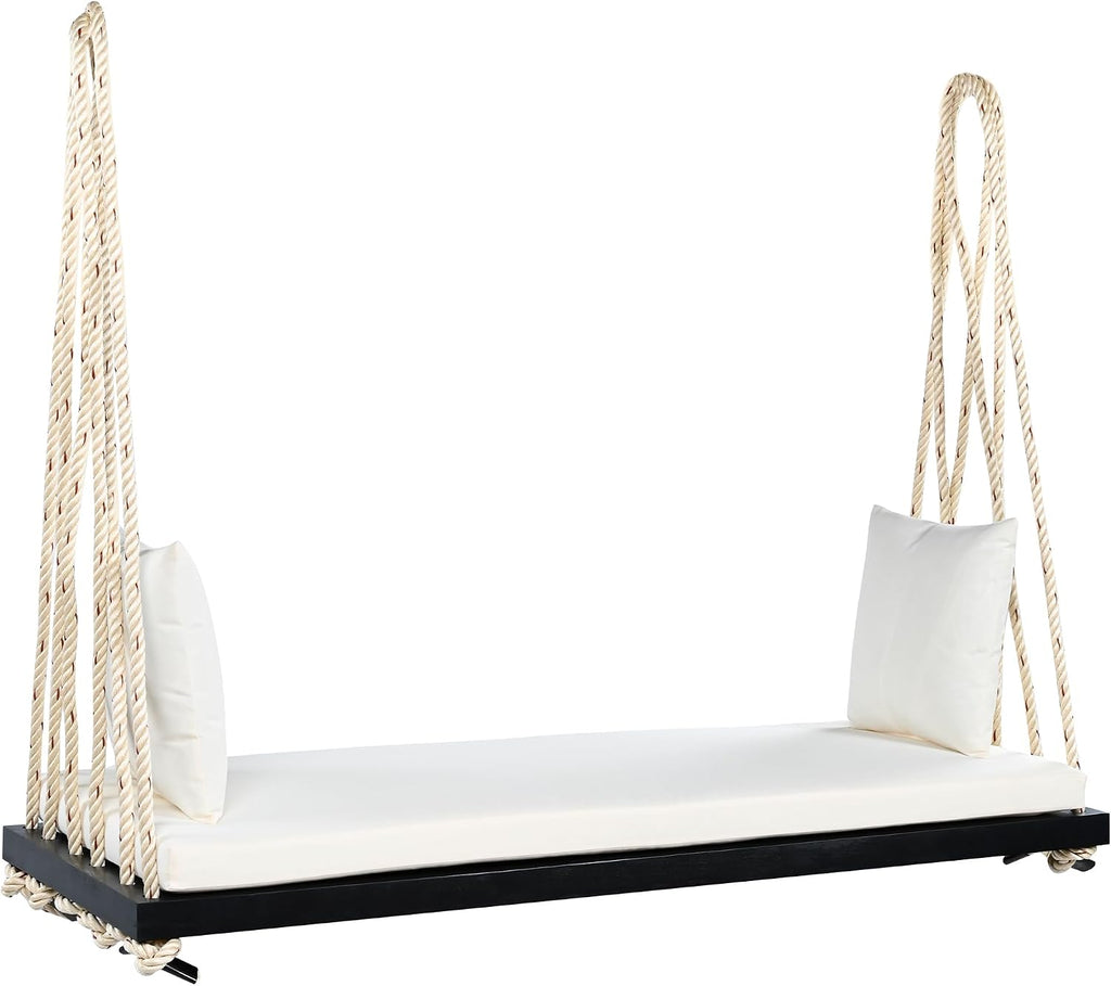YOPTO Acacia Wood Porch Swing Bench with Cushion & Pillows, 63' Outdoor Hanging Bench for 2 Adults, Rustic Heavy Duty 10.8ft Ropes Swing Daybed for Patio Backyard Garden, White