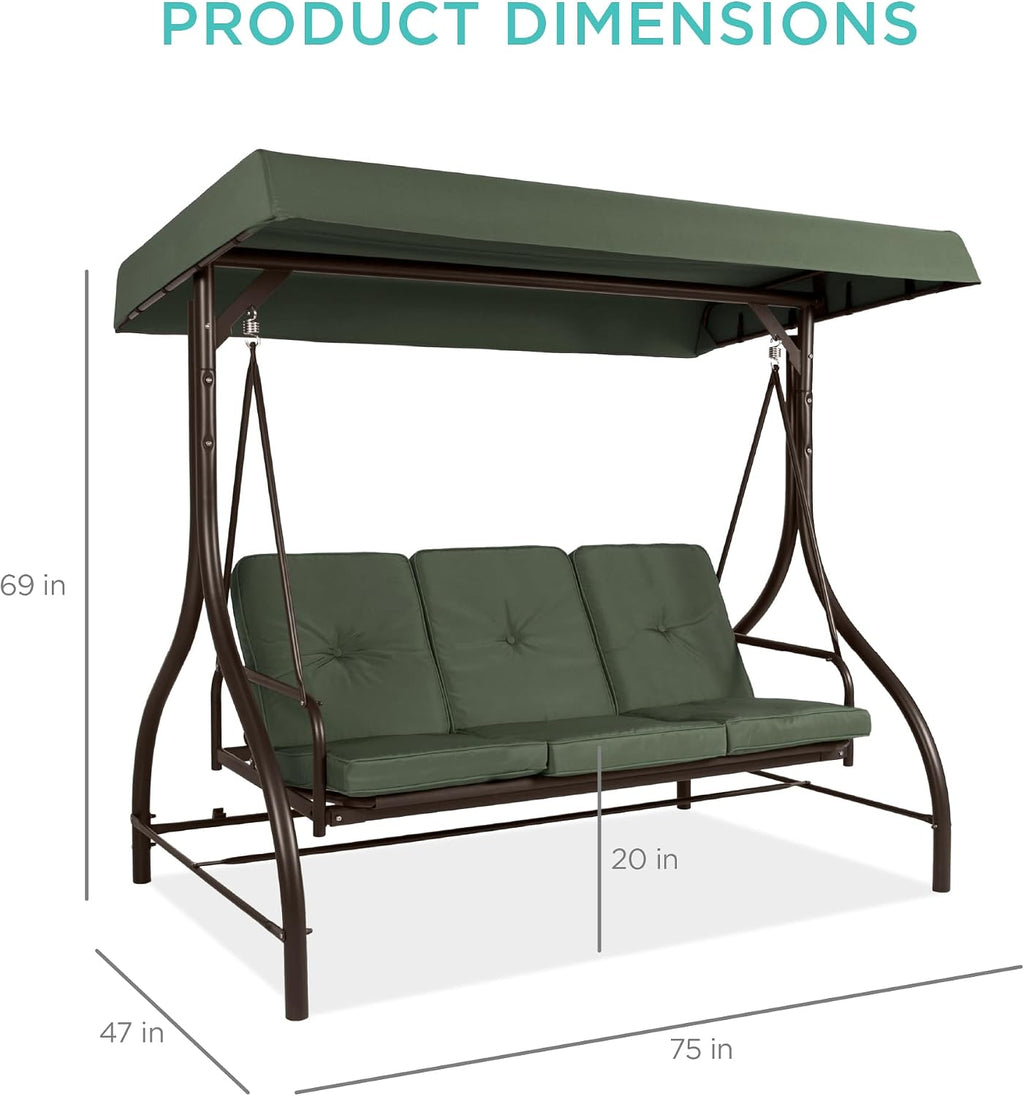 Best Choice Products 3-Seat Outdoor Large Converting Canopy Swing Glider, Patio Hammock Lounge Chair for Porch, Backyard w/Flatbed, Adjustable Shade, Removable Cushions - Midnight Green