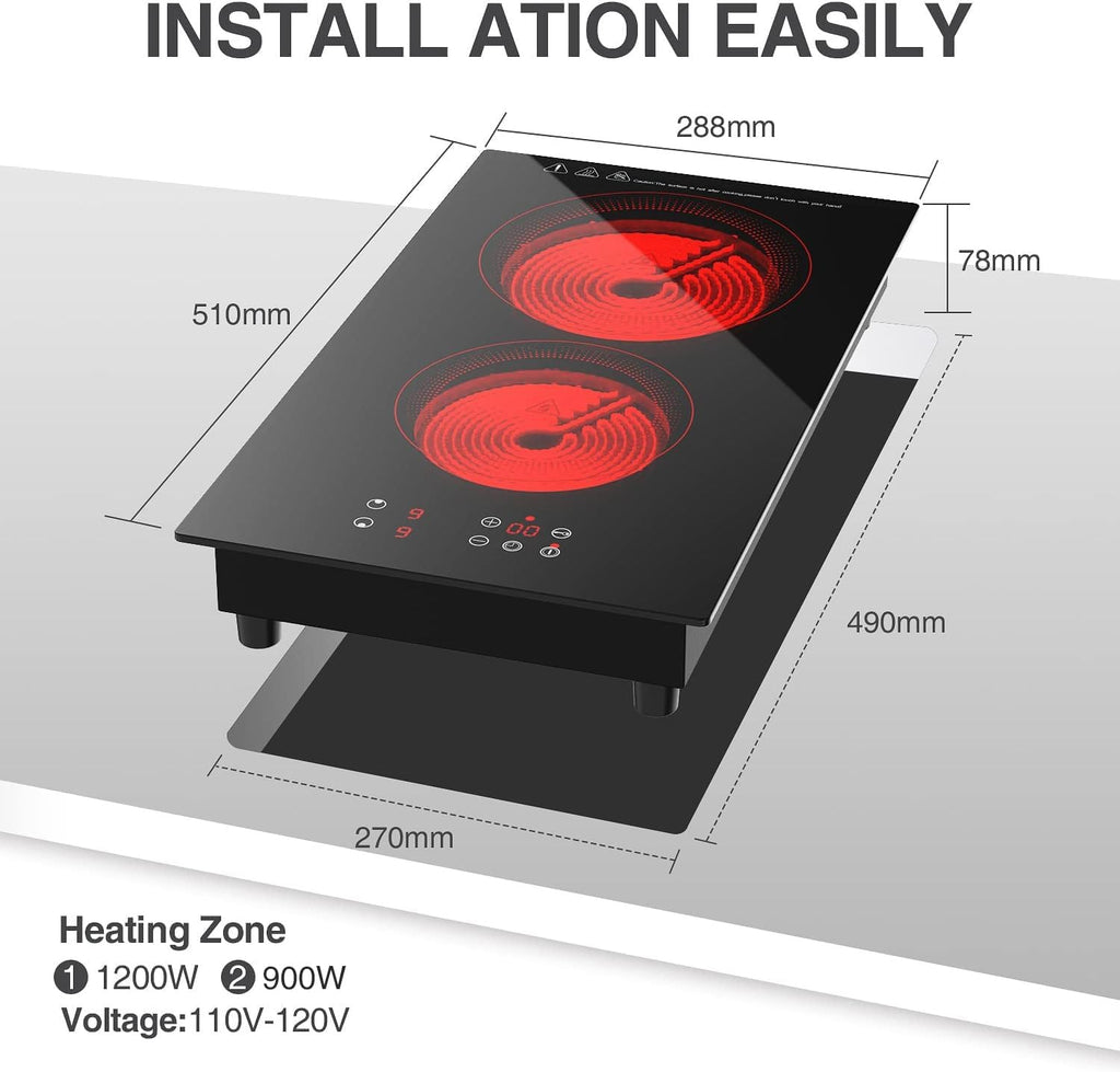 ANHANE Electric Cooktop 2 Burners, 12 Inch Built-in Ceramic Stove Top with Timer, Child Lock, 110V Induction Cooktop for Kitchen, Apartment, RV, Dorm