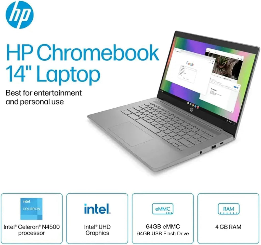 HP Chromebook 14 Laptop, Intel Celeron, 4GB RAM 64GB eMMC (Optional Upgrade to 8GB 128GB), 14' HD Display, Webcam, Chrome OS, Long Battery Life, WiFi, Wireless Earbuds, Great for School, Work & Gifts