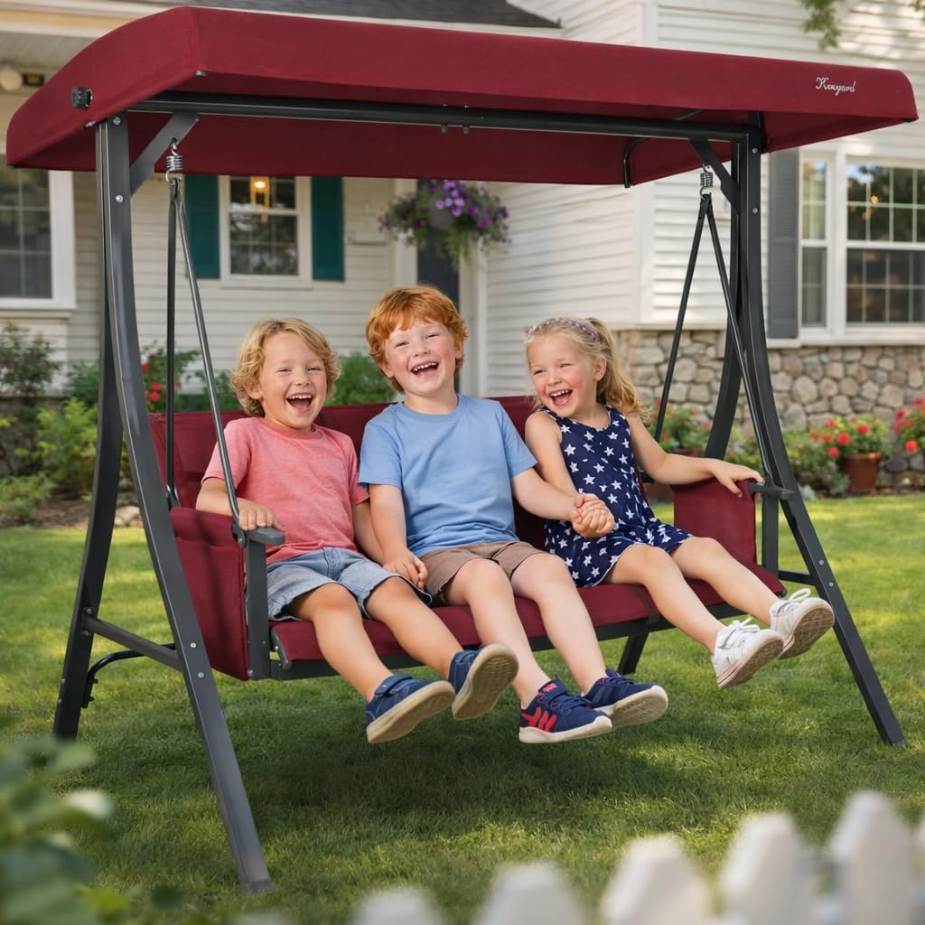 Kozyard Brenda 3-Seat Outdoor Porch Swing Glider, Patio Swing with Adjustable Canopy, Steel Frame, Breathable Textilene Seat & Back, Side Pockets (Burgundy)