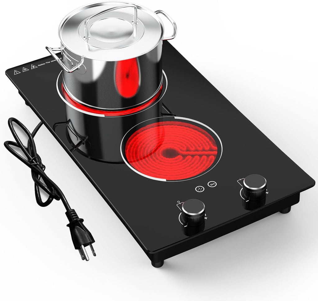 110v Electric Cooktop 2 Burners, 12'' Electric Stove Top with Plug in, Knob Control Countertop & Built-in Ceramic Cooktop, 9 Power Levels, Child Lock, Timer, Over-Heat Protection