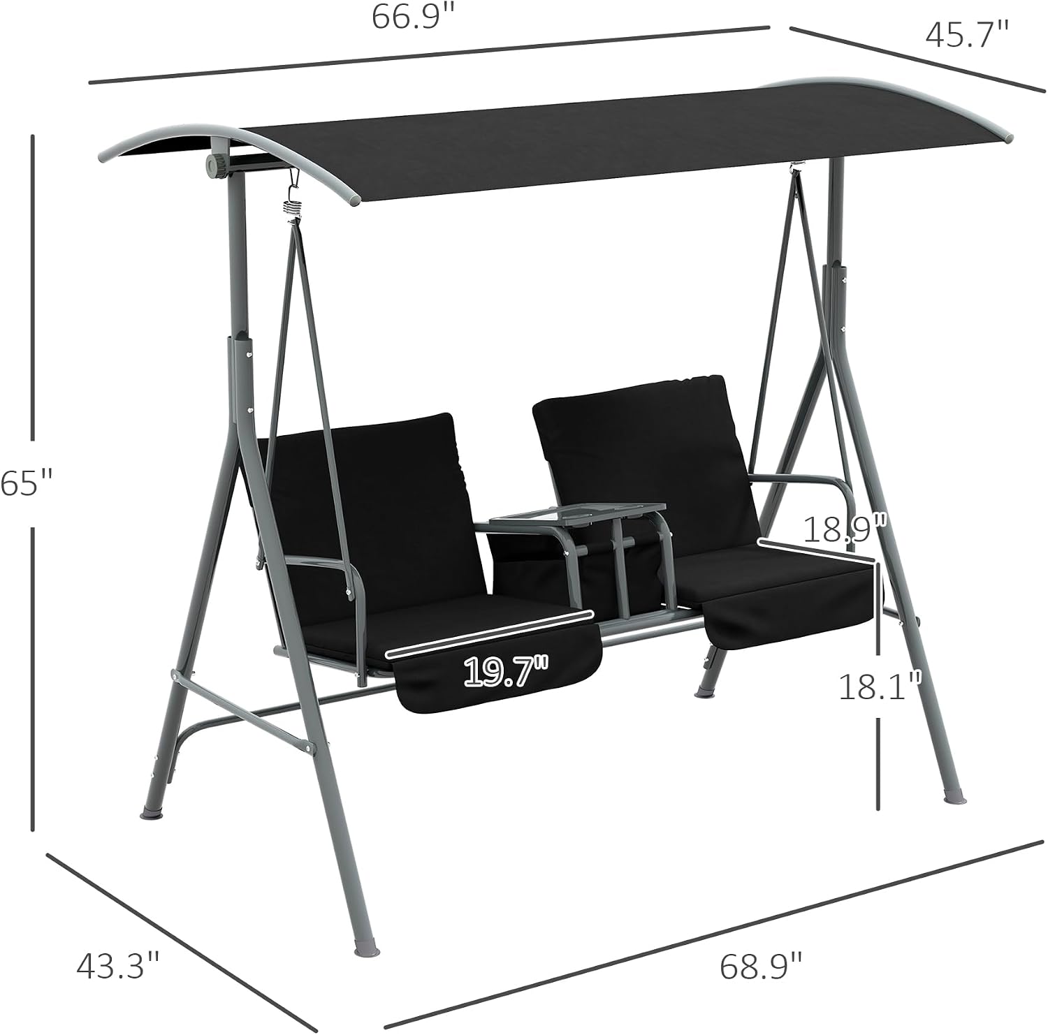 Outsunny 2 Person Porch Swing with Stand, Outdoor Swing with Canopy, Pivot Storage Table, 2 Cup Holders, Cushions for Patio, Backyard, Black