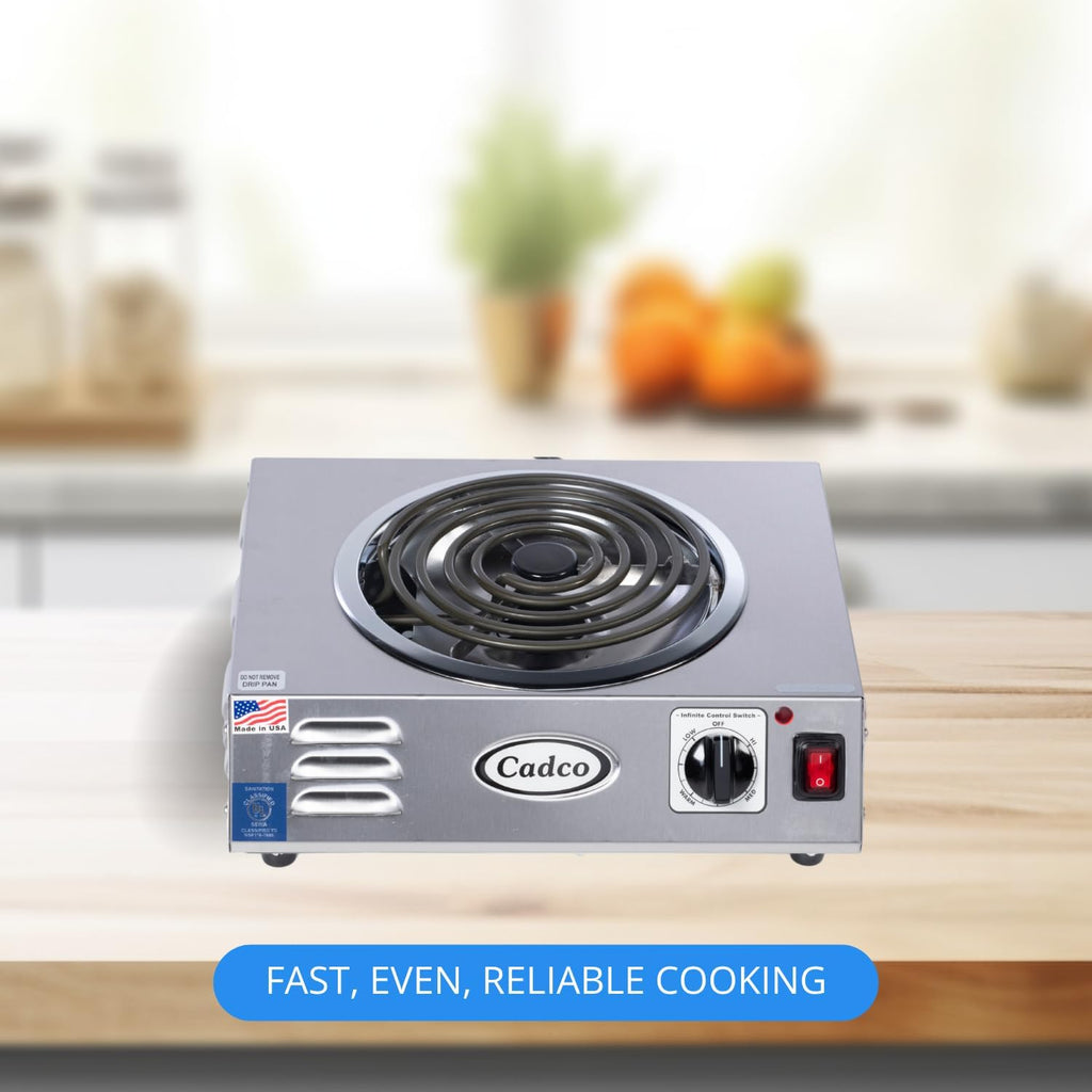 Cadco CSR-3T 14' Electric Portable Countertop Hi-Power Hot Plate w/One Tubular Burner for Restaurant Hotel Food Truck Concession Kiosk, Stainless Steel, 120v