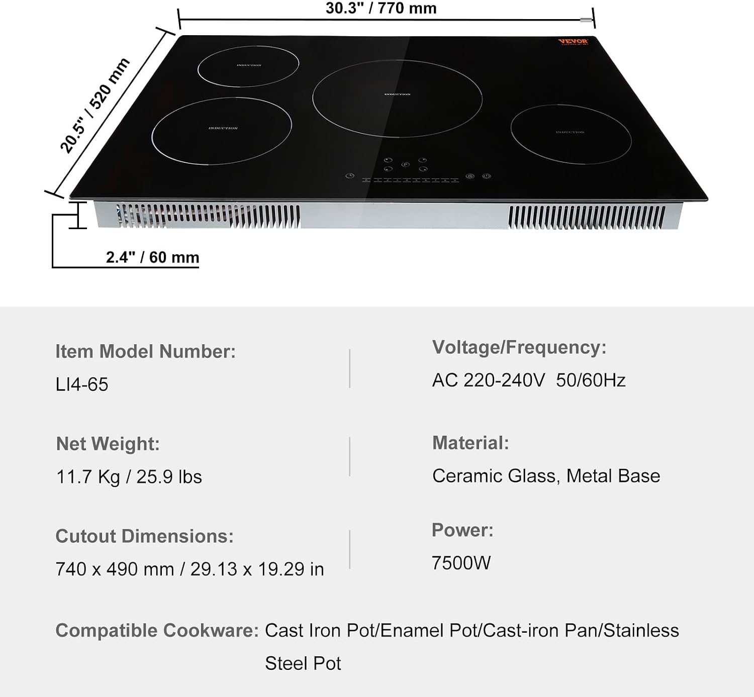 VEVOR Electric Cooktop, 4 Burners, 30'' Induction Stove Top, Built-in Magnetic Cooktop 7500W, 9 Heating Level Multifunctional Burner, LED Touch Screen w/Child Lock & Over-Temperature Protection