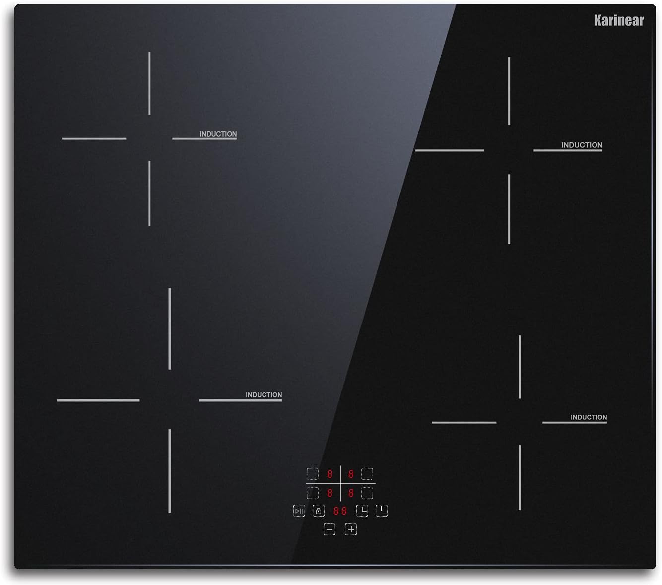 Karinear 24 Inch Induction Cooktop 4 Burner Electric Cooktop, Drop-in Induction Burner with Timer and Child Lock, Pause Function, Vitro Ceramic Glass, 220-240V, 6400W, Hard Wired(No Plug)