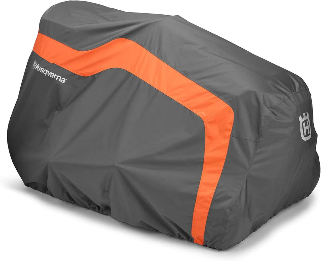 Husqvarna 54-Inch Full-Size Lawn Tractor Cover For Models: YT48CS, GT54CS, YT42LS, YT46LS, YT42DXLS, YT48DXLS, GT52XLS, GT52XLSi, GT54LS, Water-Resistant Riding Lawn Mower Accessories, Orange/Gray