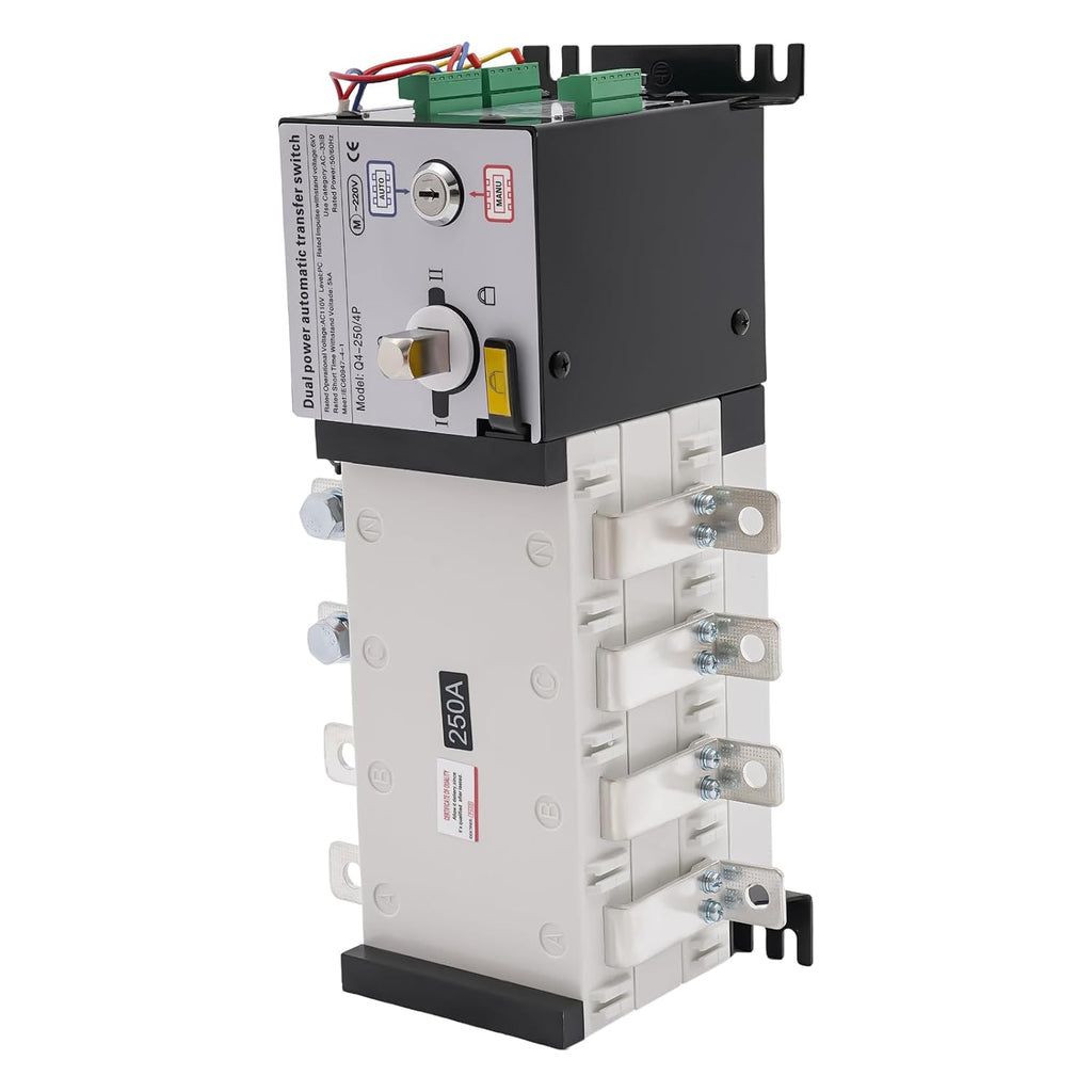 Dual Power Automatic Transfer Switch (ATS) 4P 250A 110V, Heavy-Duty Changeover Switch with Key Lock, for Generator Backup Power, Manual/Auto Mode, for Commercial/Industrial Use