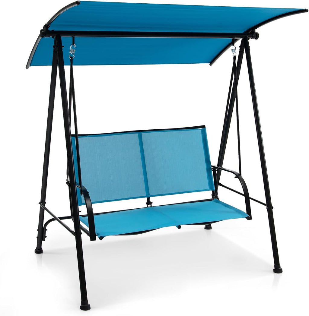HAPPYGRILL Outdoor Patio Swing for 2 Person, Porch Swing Chair w/Adjustable Canopy, Heavy-Duty Metal Frame, Breathable Seat Fabric, Patio Loveseat Swing for Backyard, Balcony, Poolside