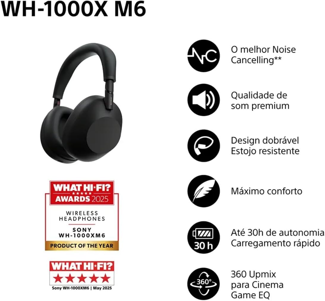Sony WH-1000XM6 Flagship Noise Cancelling Over-Ear Wireless Bluetooth Headphones, Signature High-Definition Sound, Superior Comfort, Foldable Design, Durable Case, 30 HR Battery, iOS and Android