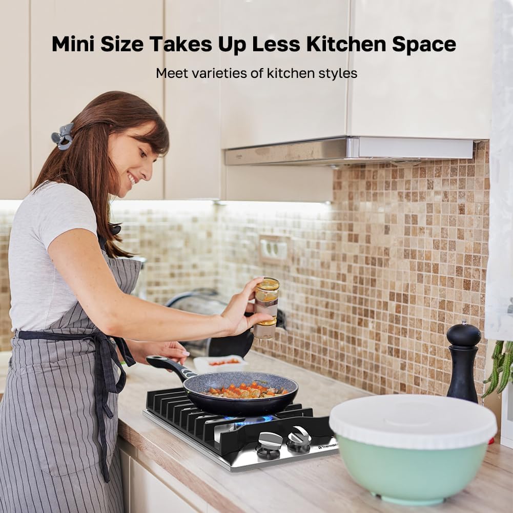 12 Inch Gas Cooktop, ThermoMate Heavy Built In Gas Rangetop with 2 High Efficiency SABAF Burners, NG/LPG Convertible 304 Stainless Steel Stove Top with Flame Out Protection, CSA Certified