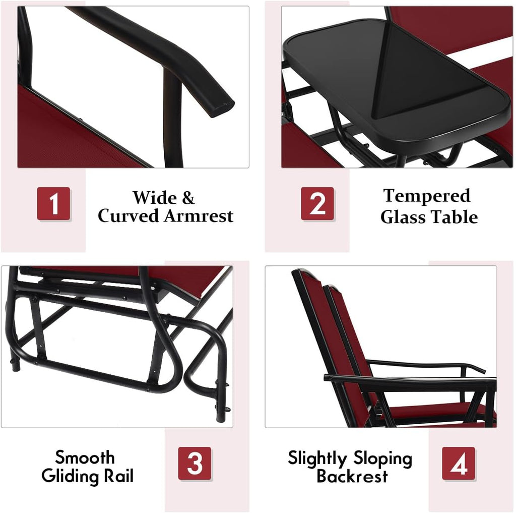 Giantex Outdoor Glider, Rocking Chair with Metal Frame, Center Tempered Glass Table, 2-Person Loveseat, Patio Glider Bench, Outside Swing Chair for Garden Yard Lawn Porch Patio Rocker (Burgundy)