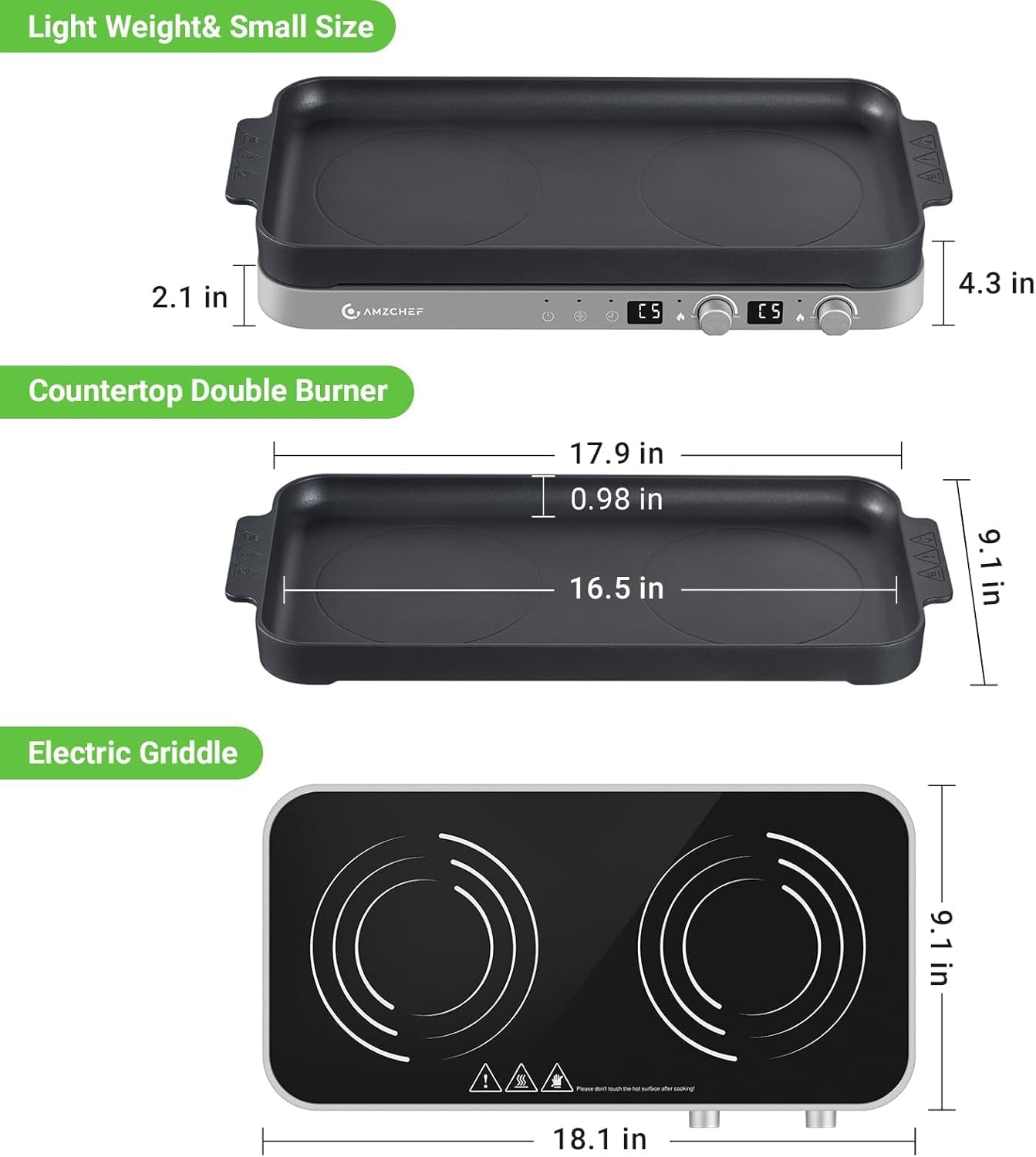 AMZCHEF Double Induction Cooktop with Removable Griddle Pan Non-stick & AMZCHEF Portable-Induction-Cooktop-2-Burner